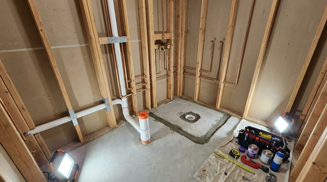 Bathroom rough-in plumbing during remodel by Johns Plumbing LLC in Woolwich