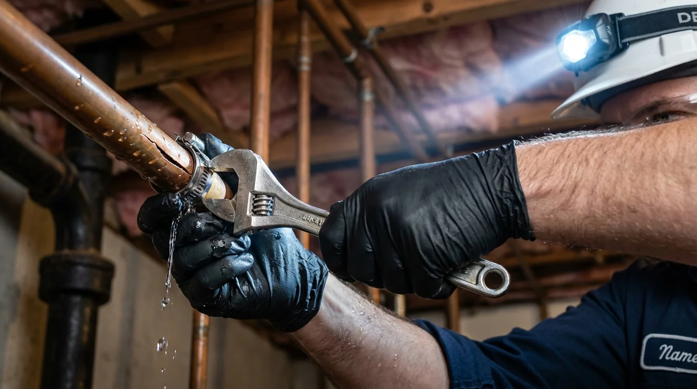 Emergency pipe clamp repair being performed by a Johns Plumbing LLC plumber in Woolwich