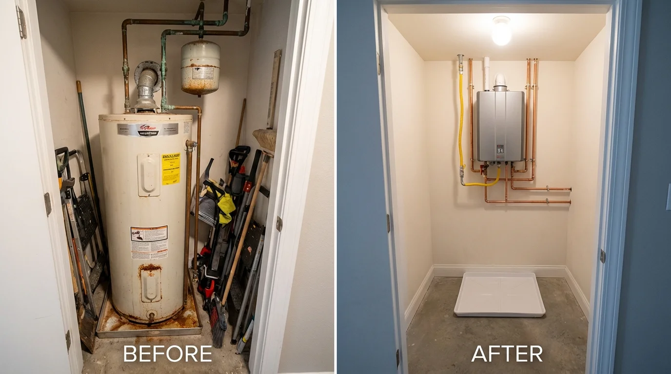 Tank water heater versus wall-mounted tankless unit comparison for Woolwich, ME homeowners