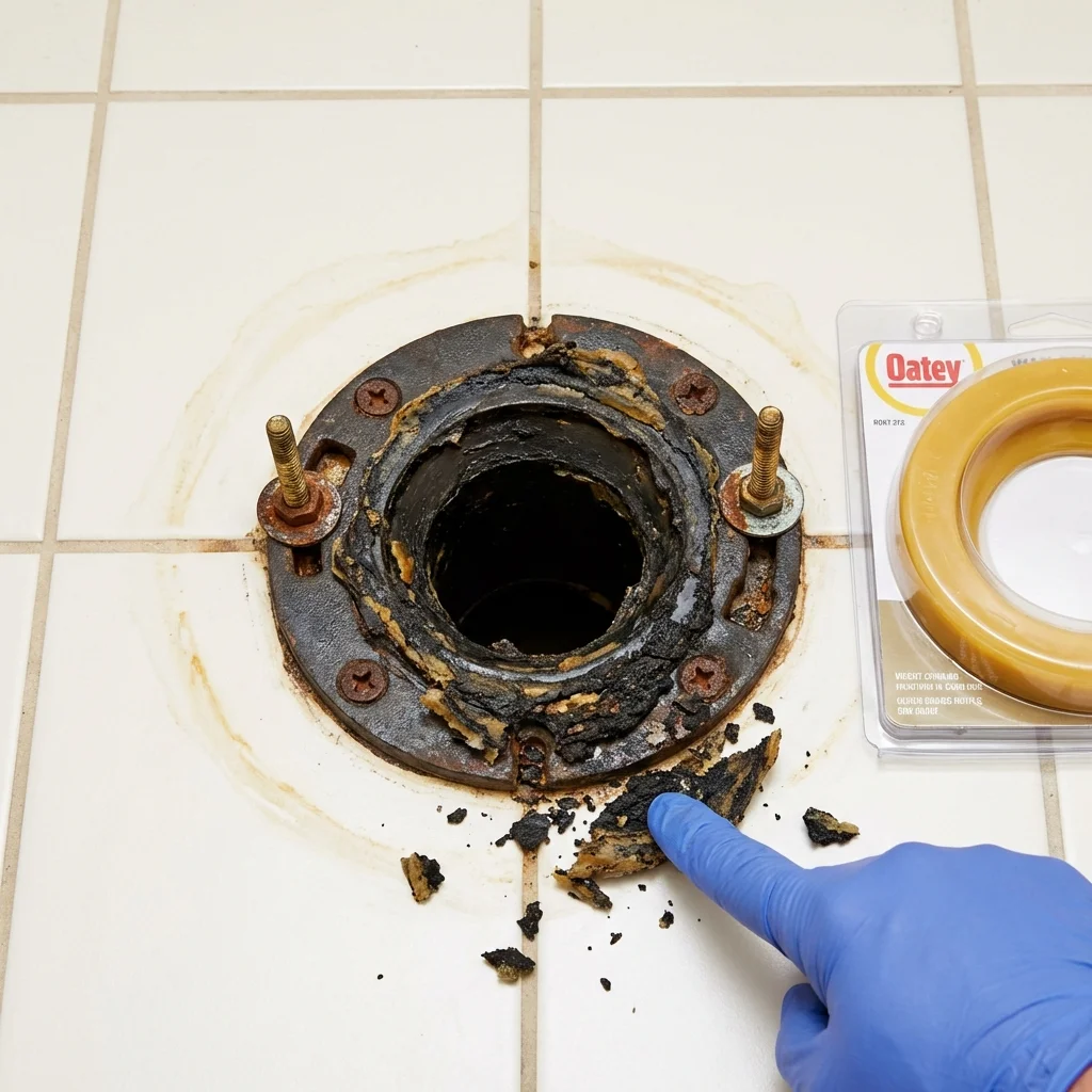Failed wax ring showing water seepage at the base of a toilet in a Woolwich, ME home